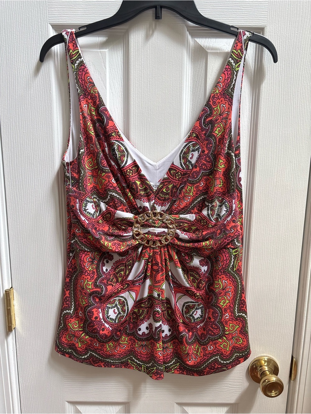 Cache Multicolor Paisley Tank Style Top with Gold Hardware Detail- Size L, EUC